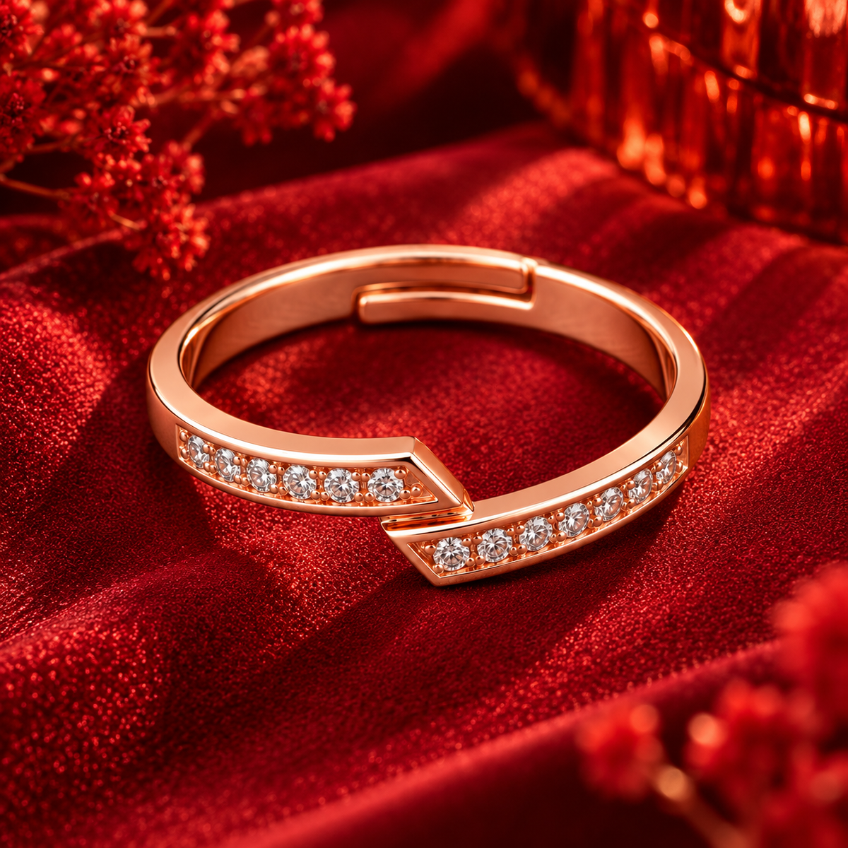 Estelle Ring rose gold plated ring from a higher angle on crimson velvet with red festive bokeh