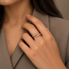 Estelle Ring rose gold plated ring styled on a model in a tailored taupe professional dress