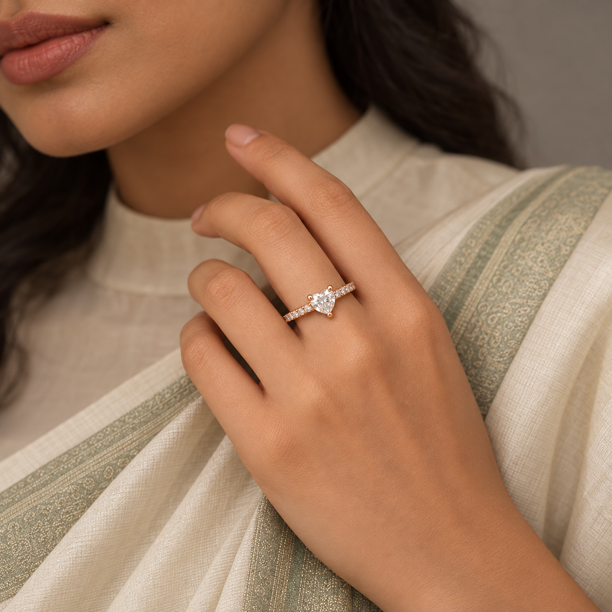 Arabella Ring rose gold plated ring styled on an Indian model wearing a modest ivory and sage saree