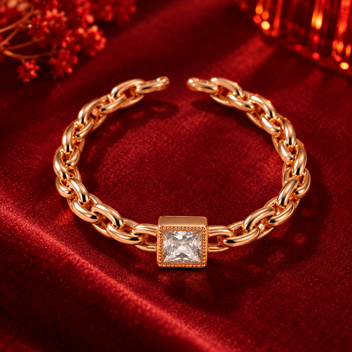 Camille Ring in rose gold, from a high angle on burgundy satin with warm festive bokeh