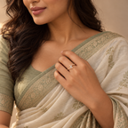 Clarisse Ring in rose gold, styled on an Indian model wearing elegant ivory or soft sage saree with proper draping and a modest covered chest