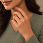 Evangeline rose gold plated crossover ring — editorial model in premium editorial lighting