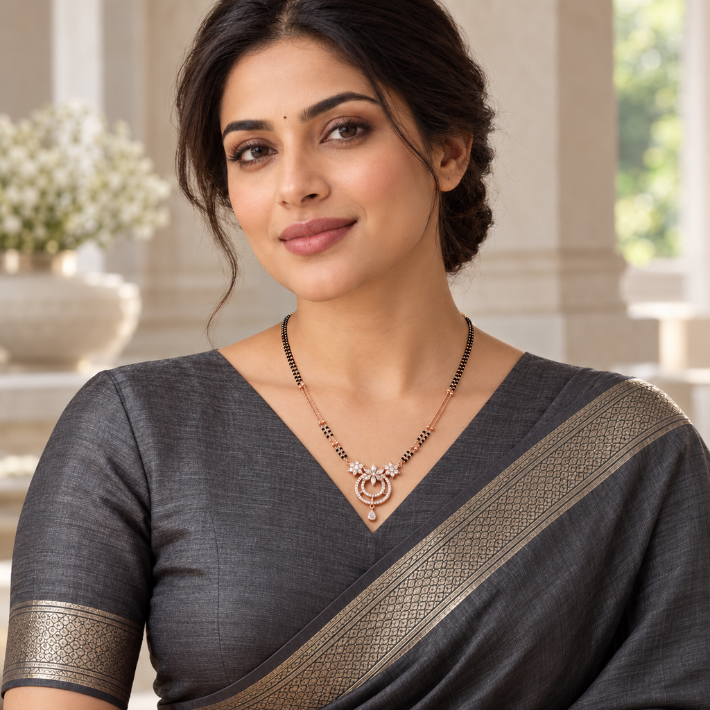 Noelle Mangalsutra worn with a charcoal saree in an editorial portrait