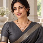 Noelle Mangalsutra worn with a charcoal saree in an editorial portrait
