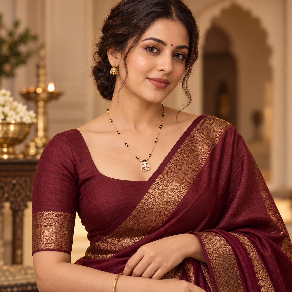 Rajshree Mangalsutra worn by a woman in a burgundy silk saree in a warm interior