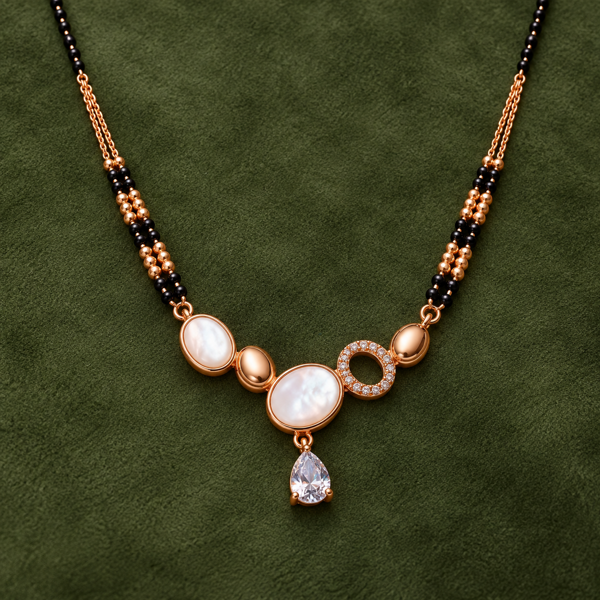 Renelle Mangalsutra detail on moss suede