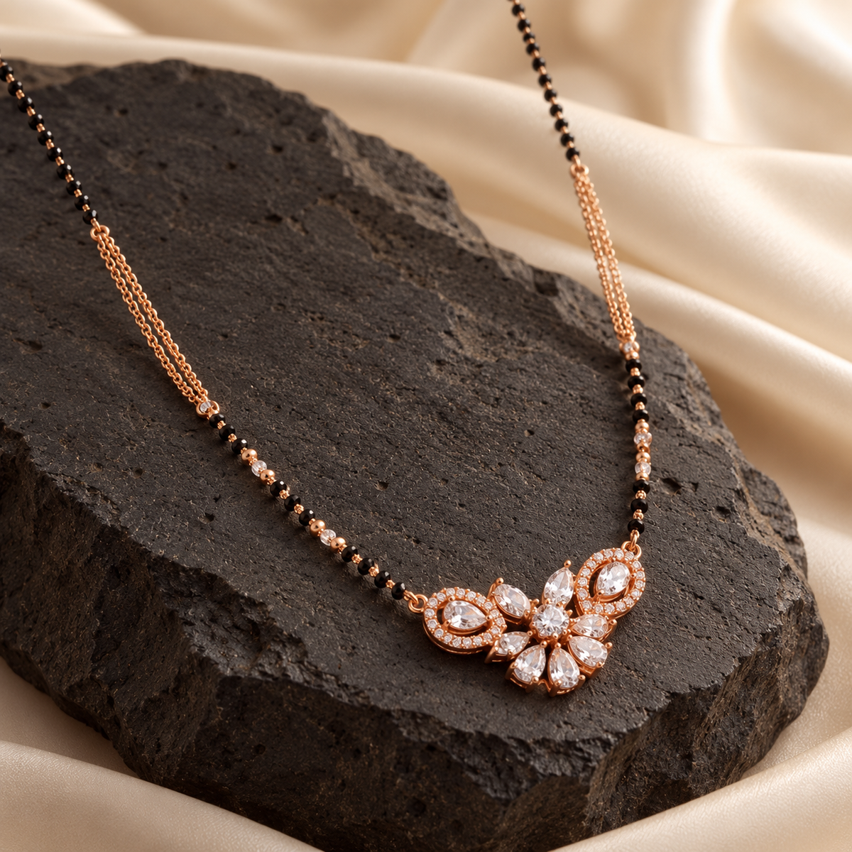 Rosaline Mangalsutra at a three-quarter angle on charcoal stone