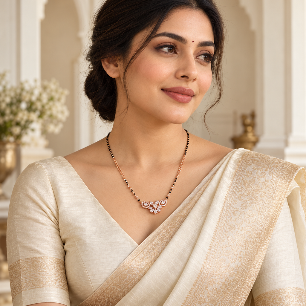 Rosaline Mangalsutra styled with a full ivory saree
