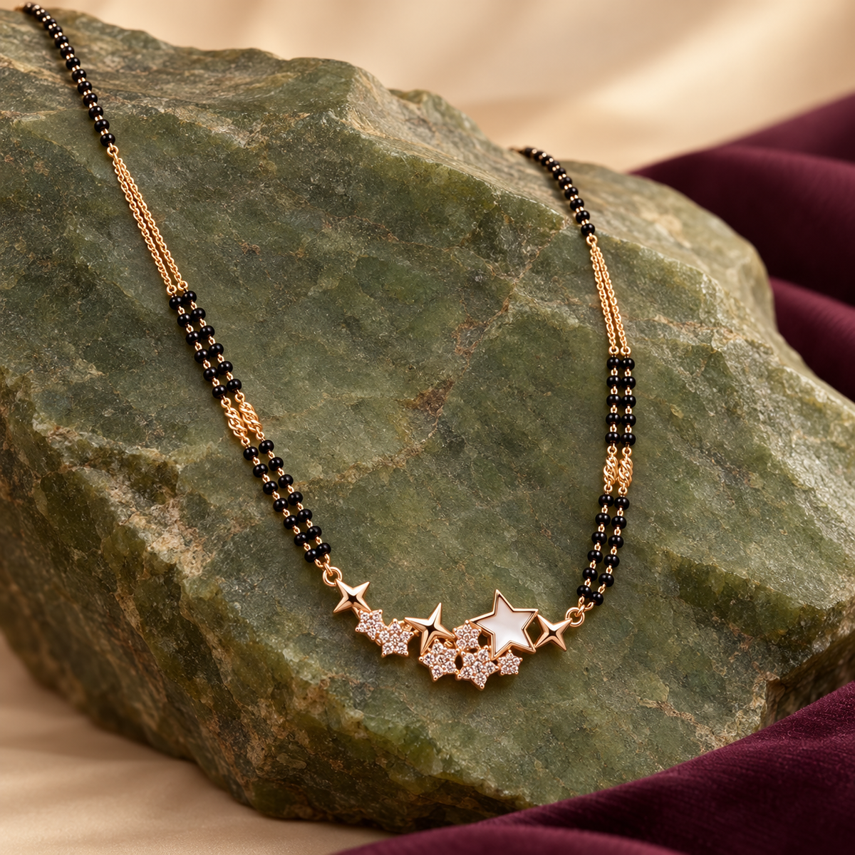 Solara Mangalsutra on an organic moss-toned stone surface