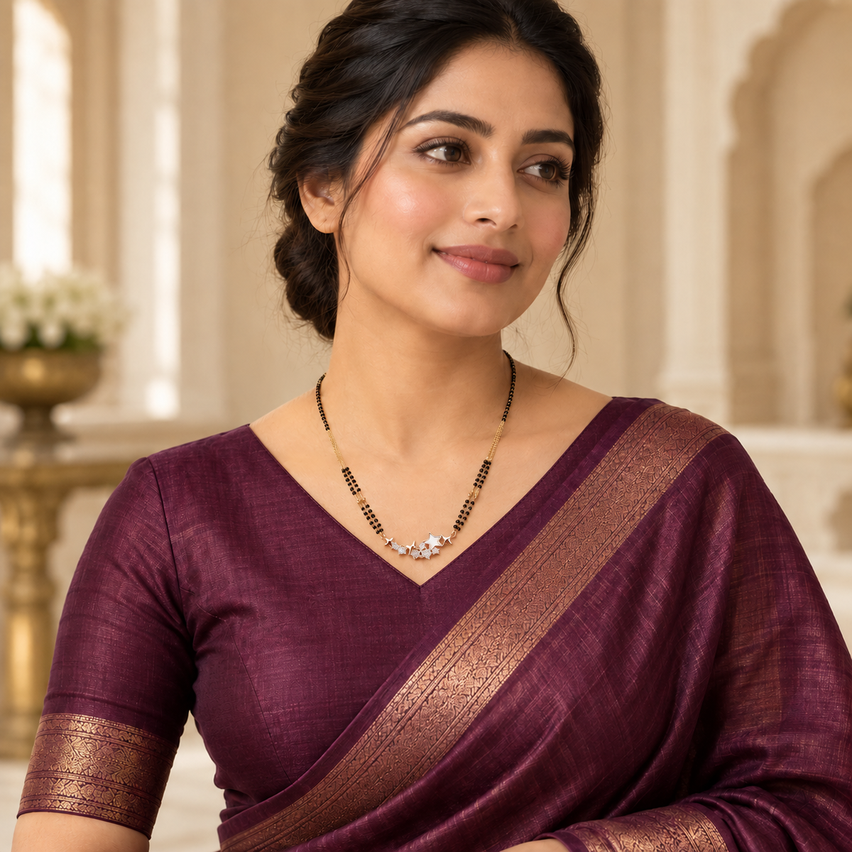 Solara Mangalsutra styled with a complete aubergine saree