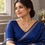 Soleia Mangalsutra worn with a sapphire saree in an editorial portrait