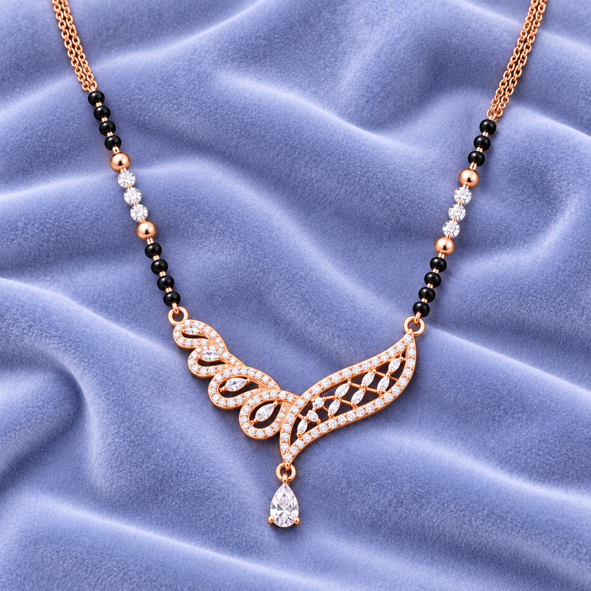 Solenne Mangalsutra — pendant detail on pale periwinkle velvet