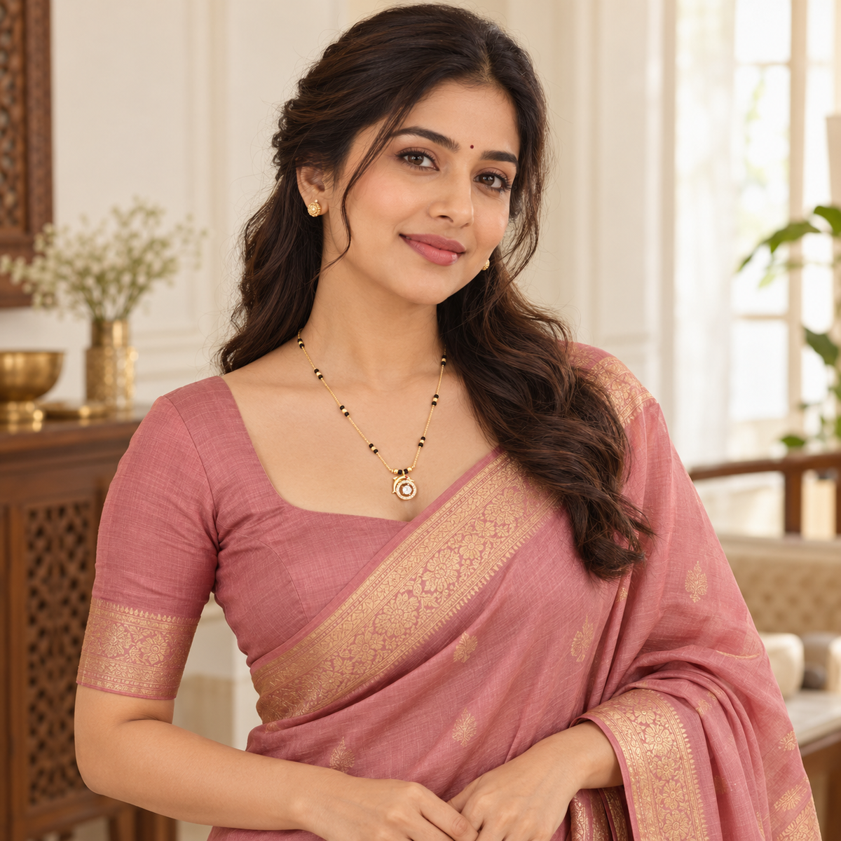 Tarini Mangalsutra worn with a dusty-rose silk saree in a bright cream interior